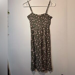 Aeropostale Pink Floral Sage Green Smocked Midi Dress with Side Slit